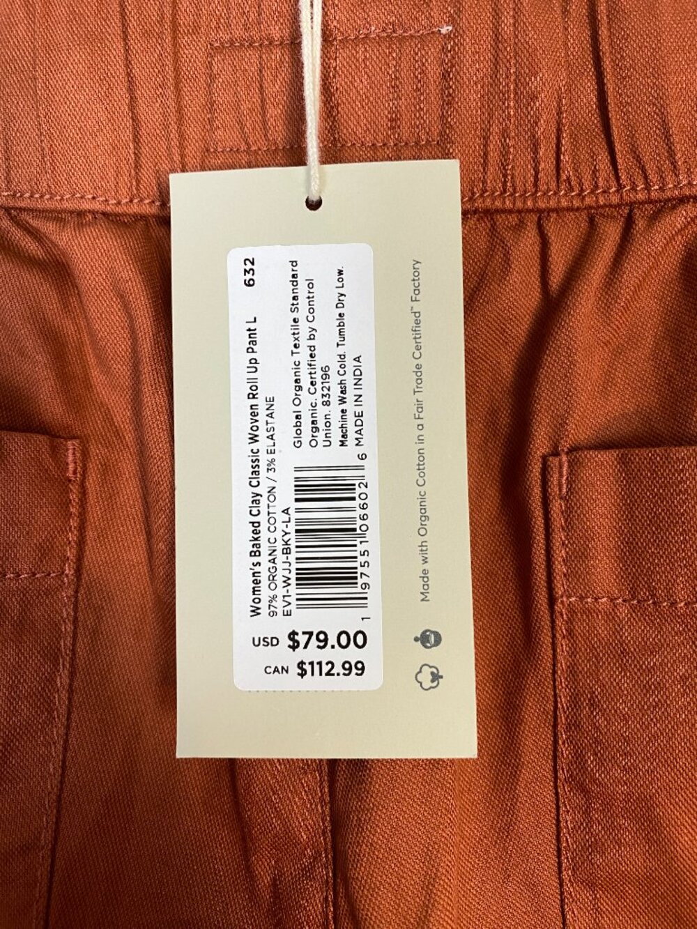 NWT Pact Classic Woven Roll Up Pants Baked Clay Organic Cotton Size L - Picture 4 of 7